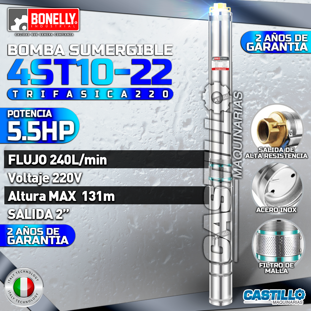 Electrobomba tipo lapicero | Trifásica 220 Bonelly 5.5HP 2"x2"