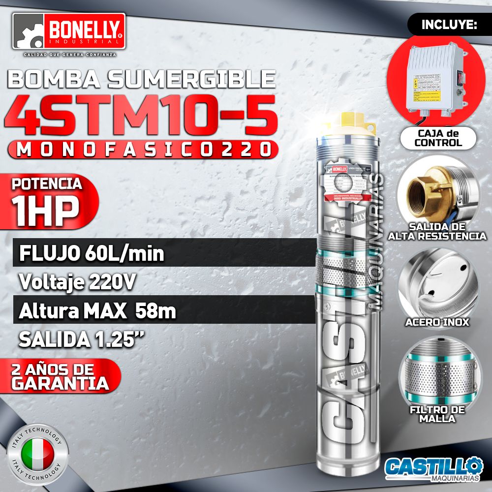 Electrobomba tipo lapicero | Monofásica 220 Bonelly 1HP 1.25"x1.25"