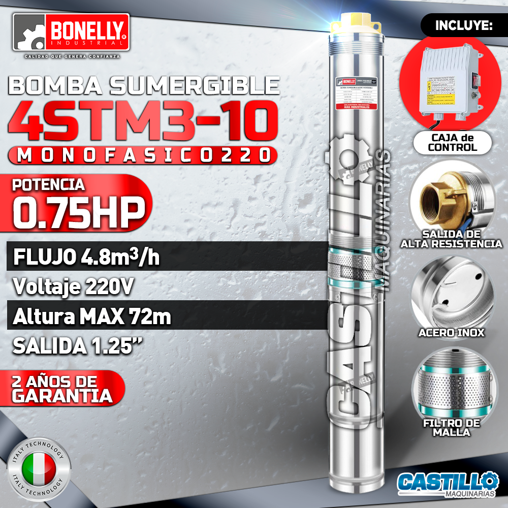 Electrobomba tipo lapicero | Monofásica 220 Bonelly 0.75HP 1.25"x1.25"