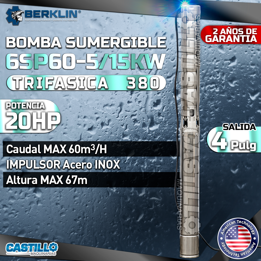 Electrobomba tipo lapicero | Trifásica 380 Berklin 20HP 4"